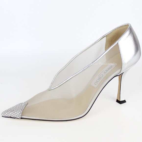 NEW JIMMY CHOO Nicole 90mm Silver Mesh Crystal Pumps - Heel for Weddings, Events - Picture 1 of 16